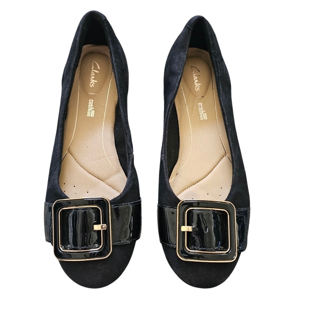 Clarks Black Flats with Gold Buckle